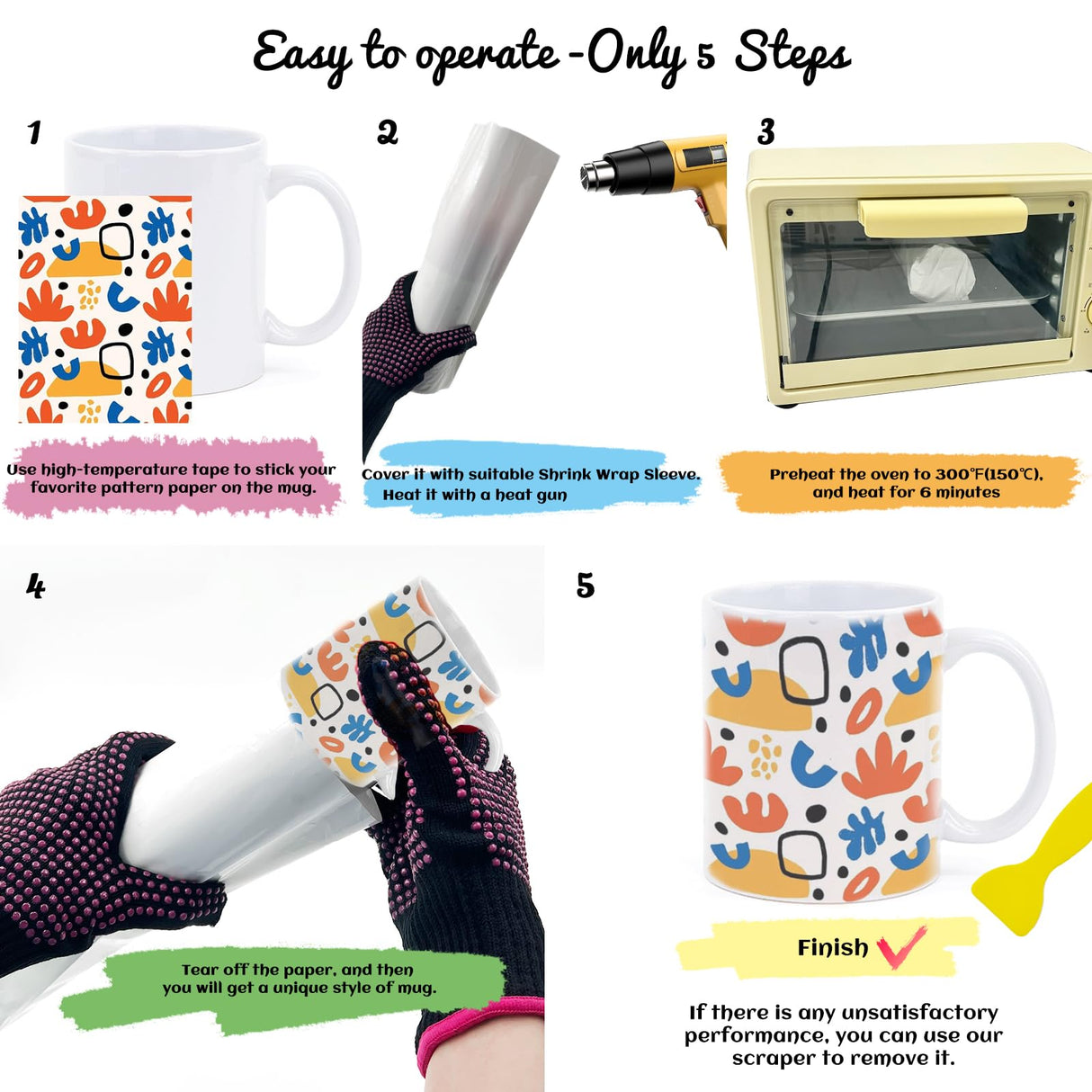 Daily Treasures 5×10"Sublimation Shrink Wrap Sleeve Set(50pcs),Heat Shrink Wrap with PET Tape&Scraper&Heat Resistant Gloves,Heat Shrink Film,Sublimation Wraps For 20oz Tumblers Mugs Cups Jars Cosmetic Daily Treasures