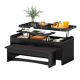 Homiflex Coffee Table Lift Top, 40'' Multi-Function Coffee Table Set with Bench & Hidden Compartment, Center Table w/Curved Corner, Converts to Home Office Table, Dining Table for Living Room, Black Homiflex