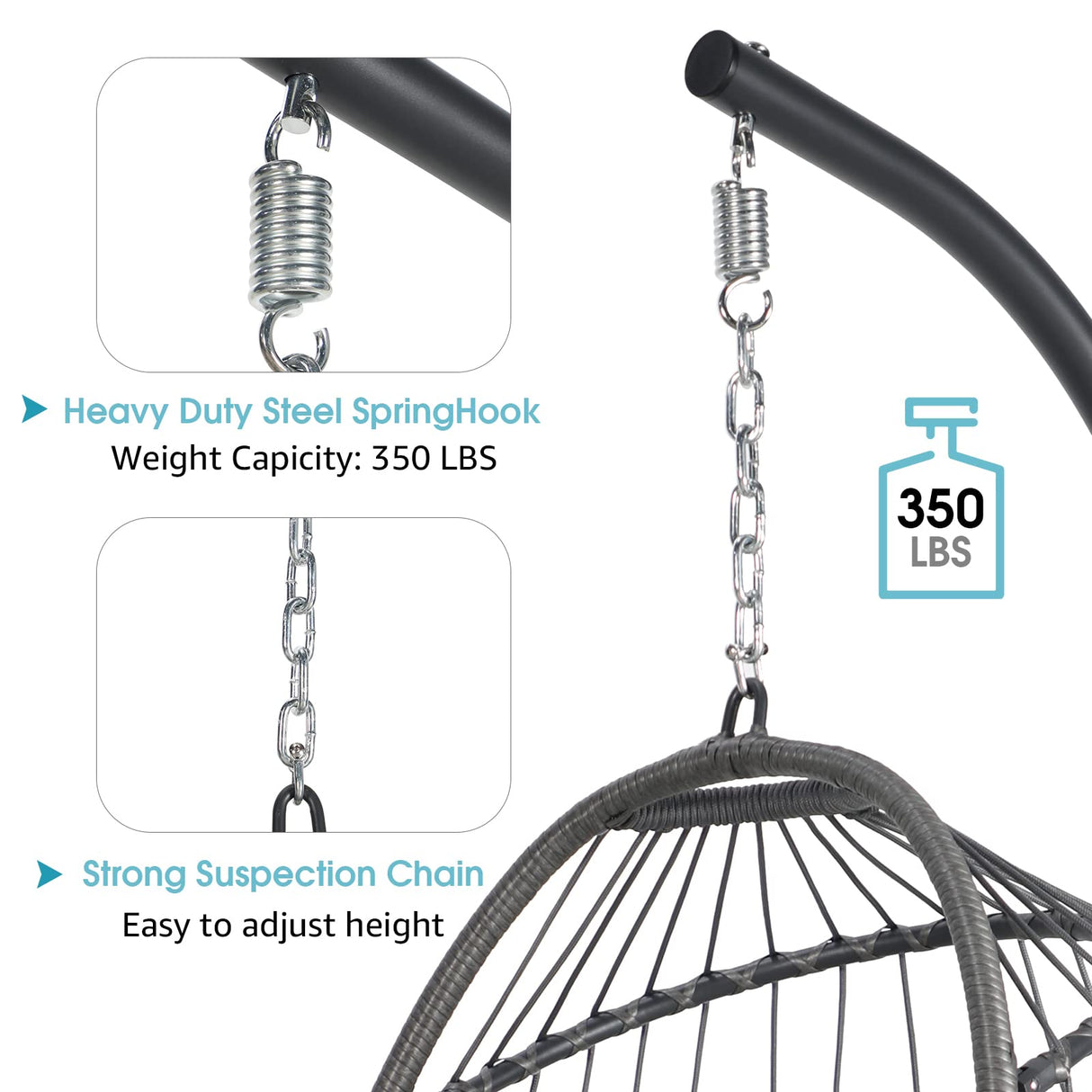 Patiorama Indoor Outdoor Egg Swing Chair with Stand, Patio Grey Wicker Rattan Hanging Chair with Rope Back, Cushion,Cover,All Weather Foldable Hammock Chair for Bedroom, Garden (Light Grey) Patiorama