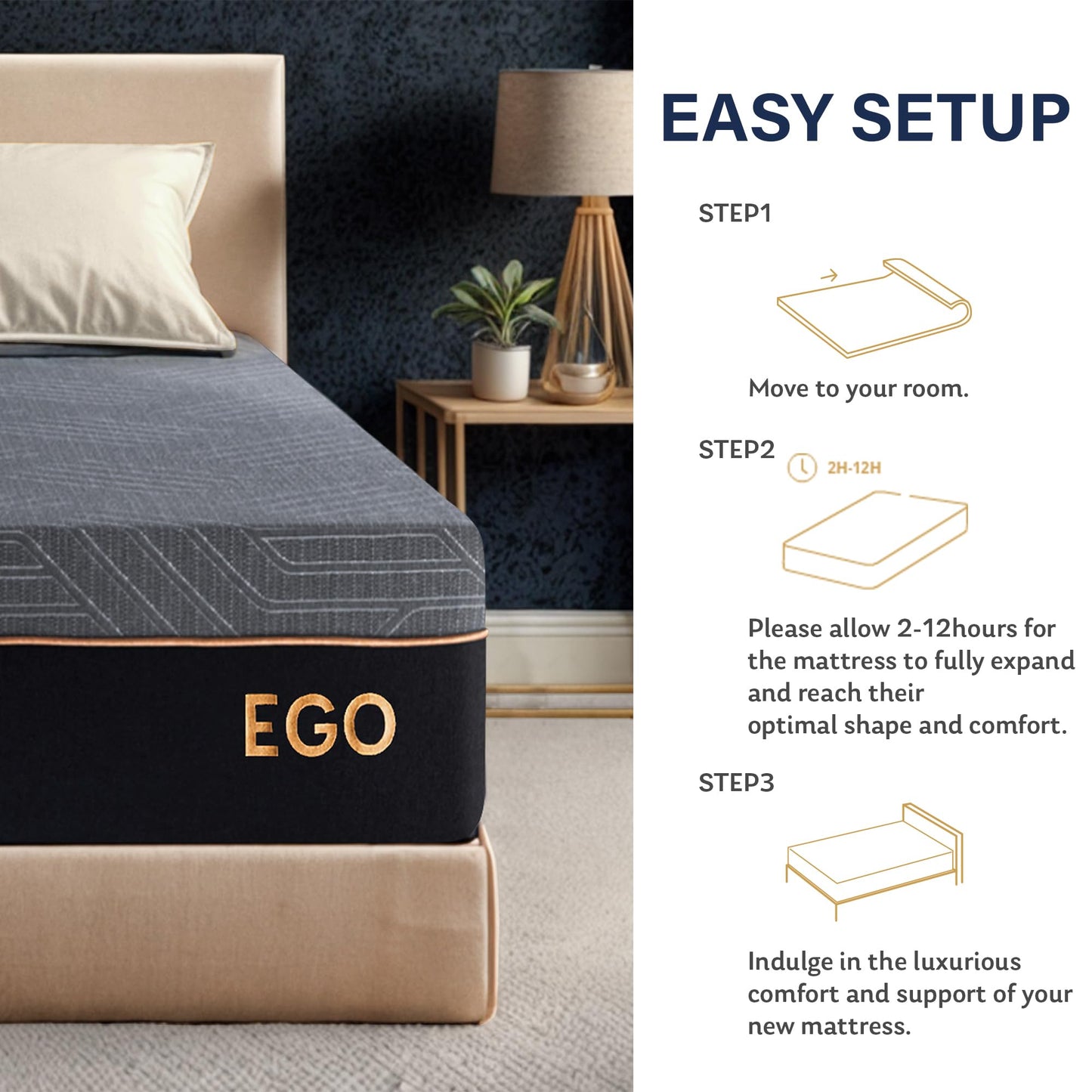 EGOHOME 12 Inch Queen Mattress, Copper Gel Cooling Memory Foam Mattress for Back Pain Relief,Therapeutic Double Matress Bed in a Box, CertiPUR-US Certified, 60x80x12 Black