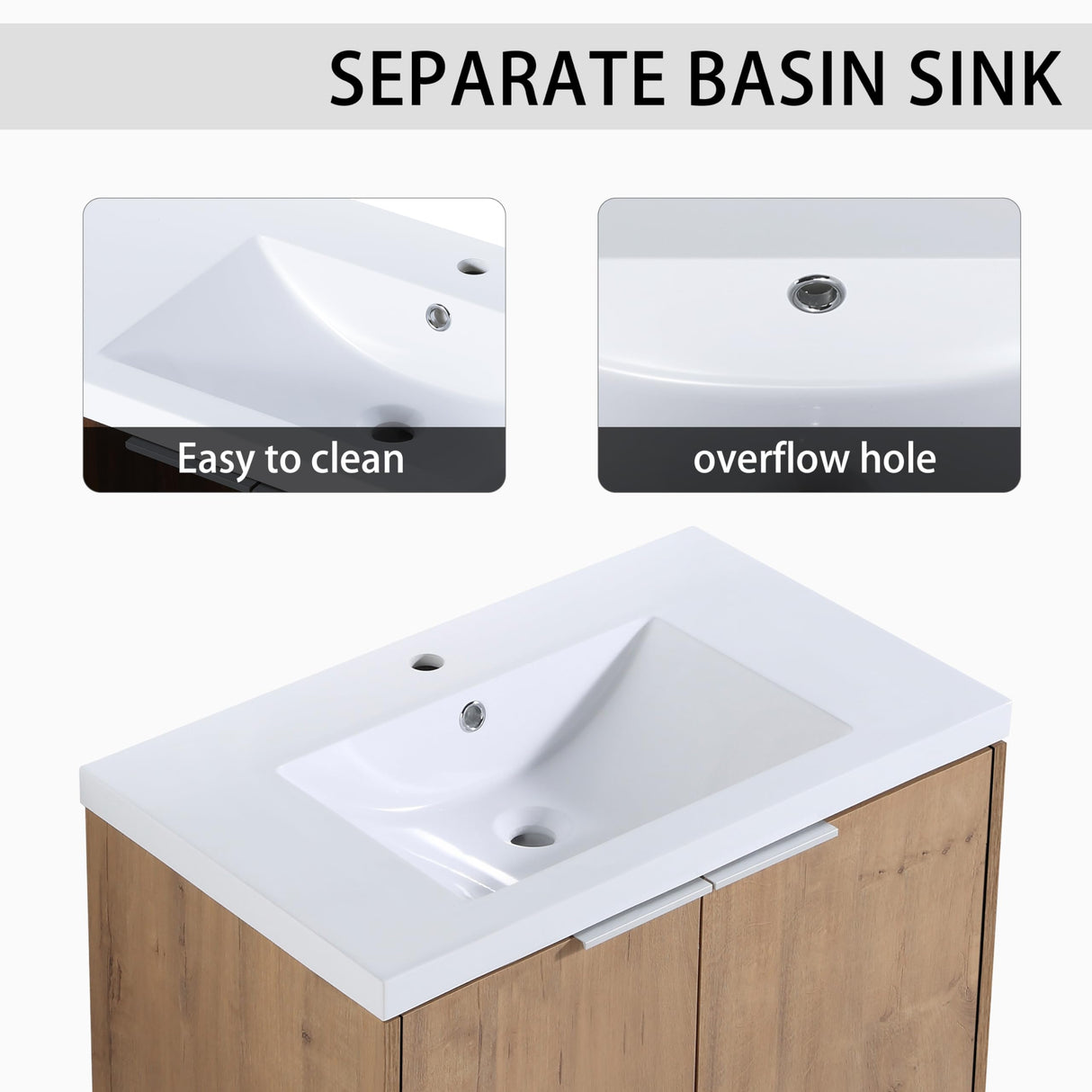 30 inch Bathroom Vanity with Sink, Modern Single Sink Bathroom Vanity, 30" Wall Mounted Bathroom Vanity Cabinet with Resin Basin Top & Soft Closing Doors, Floating Vanity Bathroom in Imitative Oak Minheola