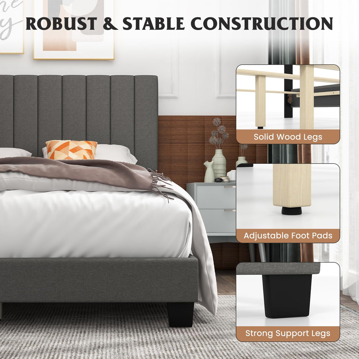 Giantex Modern Upholstered Queen Size Bed Frame with Linen Headboard and Solid Wood Legs Giantex