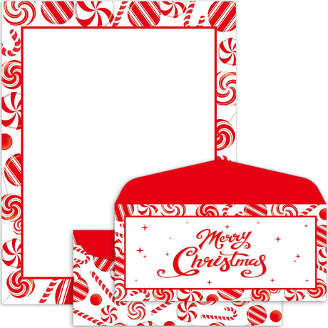 Lonfliness 50 Set Peppermint Christmas Letterhead with Paper Envelopes Candy Cane Christmas Border Computer Print Paper Stationery for Note Letters to Santa Invitations Office School 8.5 x 11 In Lonfliness