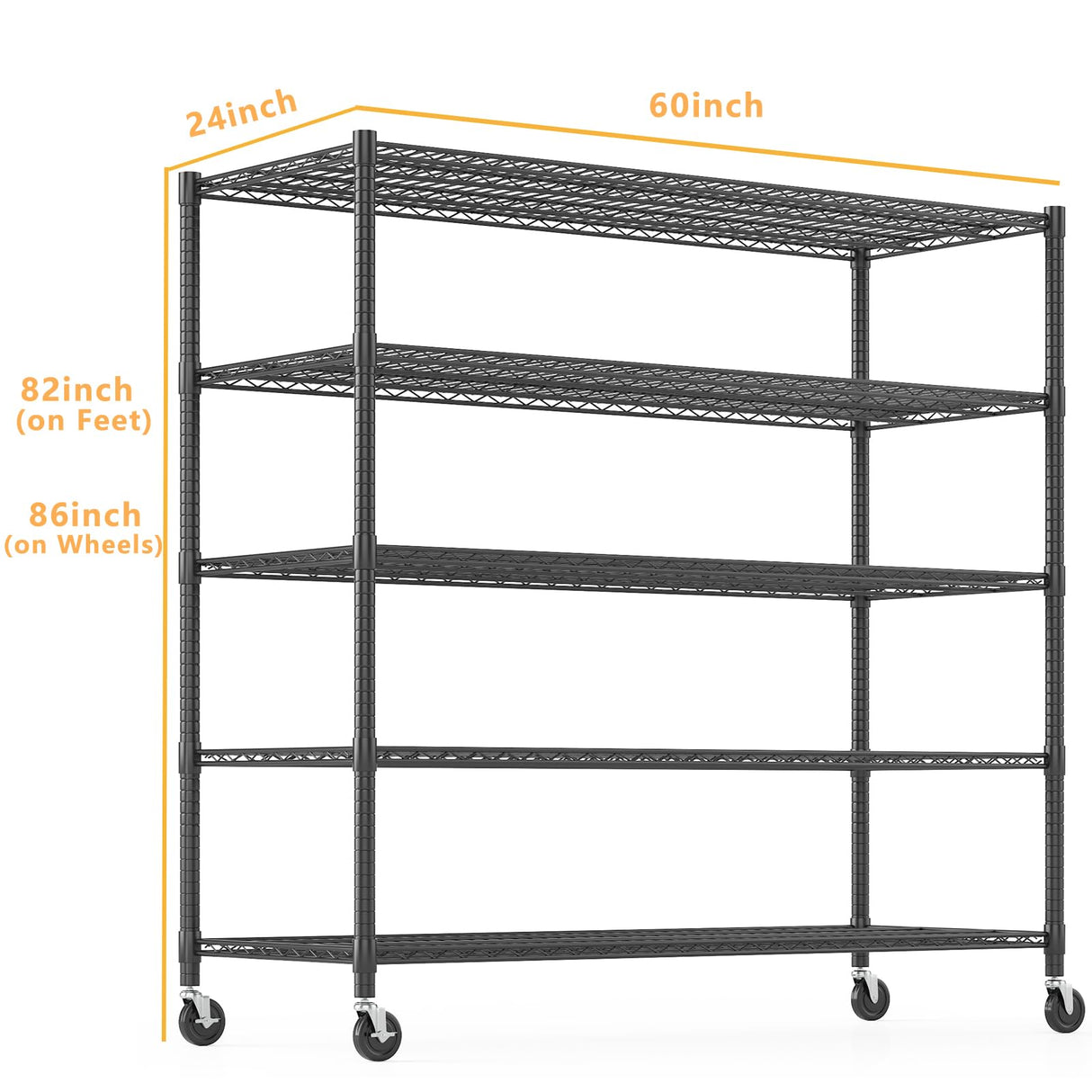 Himimi Storage Shelves 60"W Wire Shelving with Wheels 3250LBS Heavy Duty Metal Shelves for Storage, 5-Tier Adjustable Wire Rack Shelving Garage Shelving Kitchen Storage Shelves 24"Dx60"Wx82"H, Black Himimi