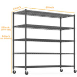Himimi Storage Shelves 60"W Wire Shelving with Wheels 3250LBS Heavy Duty Metal Shelves for Storage, 5-Tier Adjustable Wire Rack Shelving Garage Shelving Kitchen Storage Shelves 24"Dx60"Wx82"H, Black Himimi