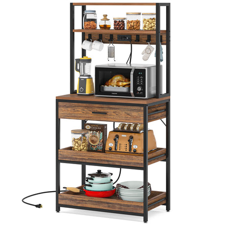 LITTLE TREE Kitchen Baker’s Rack with Power Outlets, Freestanding 5-Tier Microwave Stand with Drawers & Sliding Shelves, Coffee Bar with 6 Hooks for Dining Room Living Room, Rustic Brown LITTLE TREE