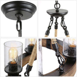 GEPOW Farmhouse Wood Chandelier, Round Wagon Wheel Light Fixture with Seeded Glass Shades & Hemp Rope for Dining Room, Living Room, Bedroom, Kitchen Island, and Foyer GEPOW