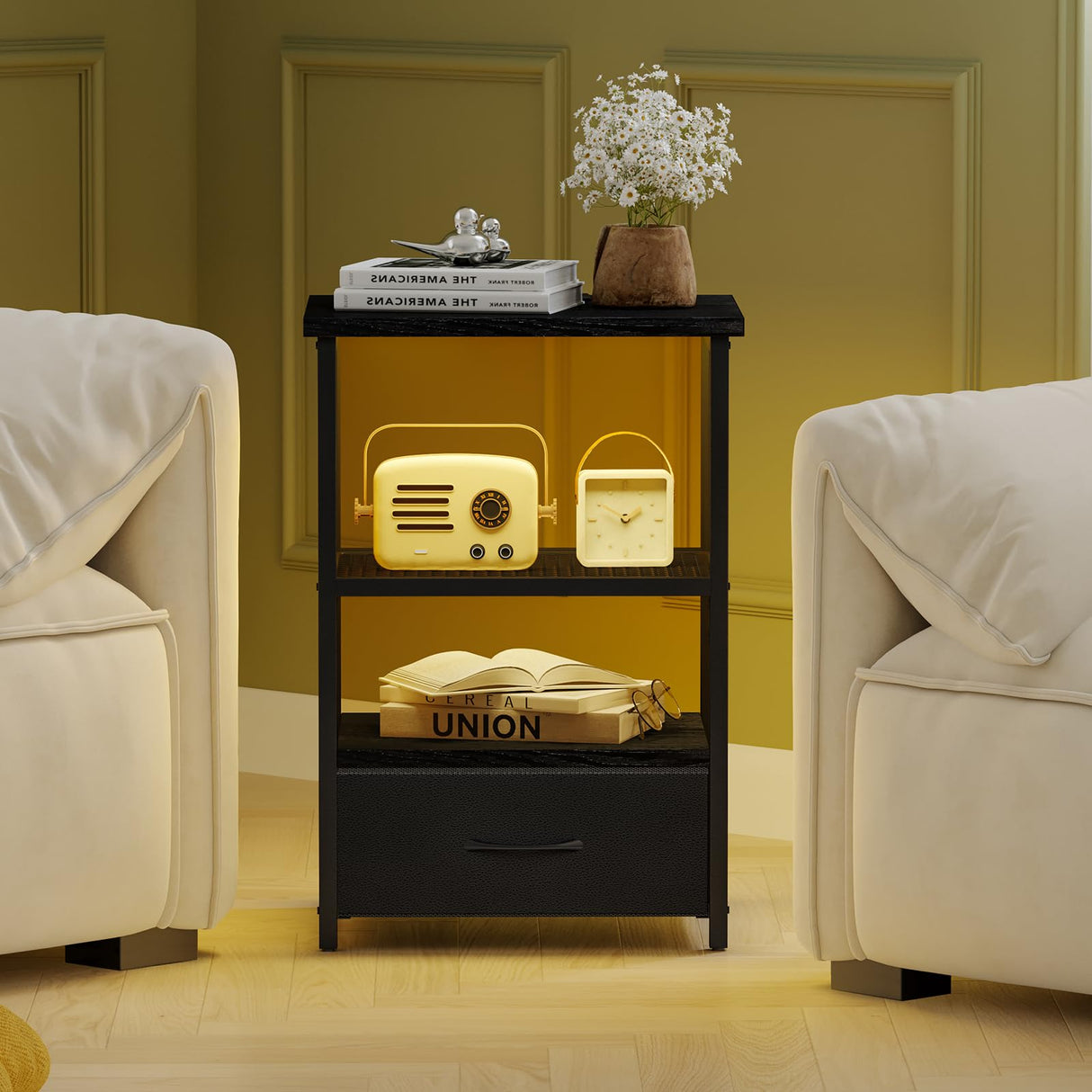 Fixwal Night Stand Set of 2 with Charging Station, LED Nightstand with Fabric Drawers, End Table with PU Finish, Bed Side Table, Black Fixwal