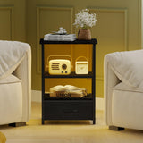 Fixwal Night Stand Set of 2 with Charging Station, LED Nightstand with Fabric Drawers, End Table with PU Finish, Bed Side Table, Black Fixwal