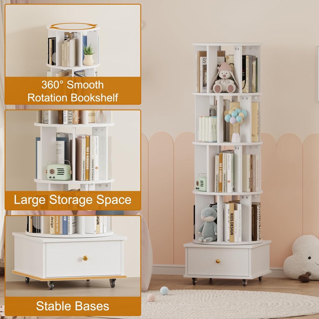 LMSXG-MZ 360° Rotating Bookshelf with Metal Wheels & Drawers for Living Room, Bedroom, Space-Saving Bookcase Organizer & Large Capacity Display Rack (4-Tier) LMSXG-MZ