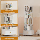 LMSXG-MZ 360° Rotating Bookshelf with Metal Wheels & Drawers for Living Room, Bedroom, Space-Saving Bookcase Organizer & Large Capacity Display Rack (4-Tier) LMSXG-MZ