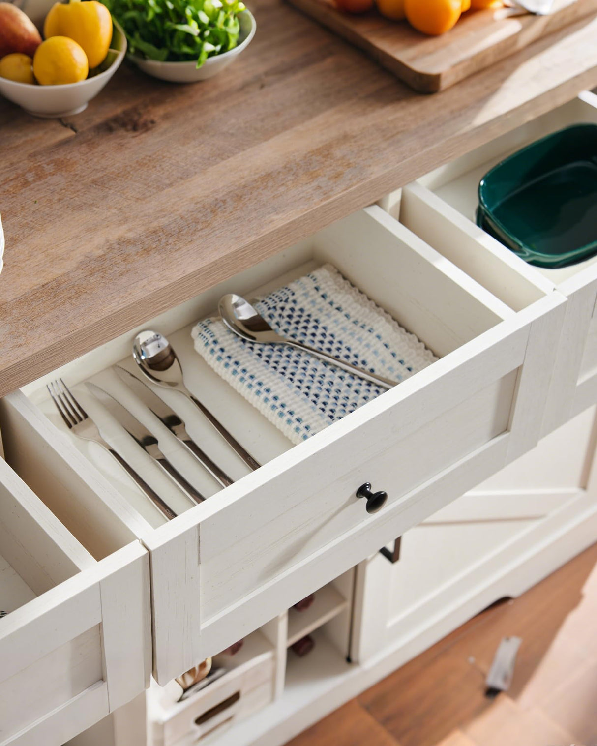 Kavonty Farmhouse Wine Bar Cabinet with Sliding Barn Door, Kitchen Coffee Bar Cabinet with Wine Rack, Storage Shelves, 3 Drawers, Large Buffet Sideboard for Dining Room, Antique White Kavonty