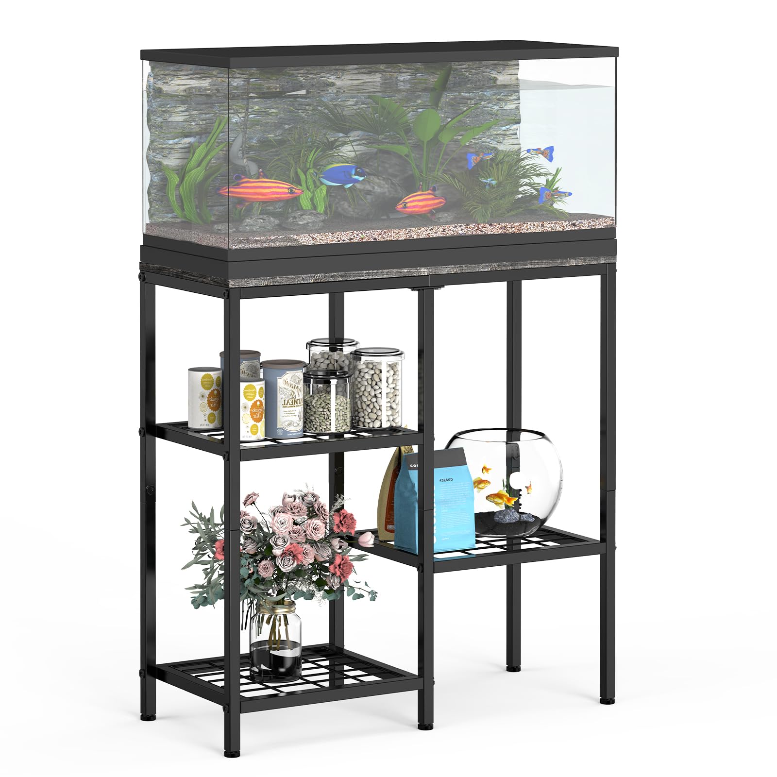 YBING Fish Tank Stand, 20 Gallon Aquarium Stand with Shelf, Metal Turtle Reptile Tank Stand, with 3 Small Mesh Shelves, 330 LBS Capacity Gray - WoodArtSupply