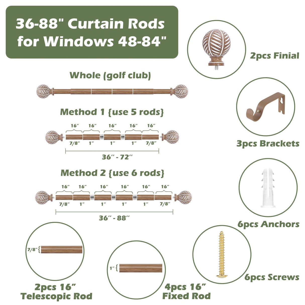 HTZON Wood Curtain Rods 48 to 84 Inch,1 Inch Boho Adjustable Curtain Rod,Imitation Wood Grain Leaf Decorative Window Curtain Rods,Farmhouse Rustic Heavy Duty Curtain Rods,Brown Drapery Rods 36-88" HTZON