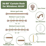 HTZON Wood Curtain Rods 48 to 84 Inch,1 Inch Boho Adjustable Curtain Rod,Imitation Wood Grain Leaf Decorative Window Curtain Rods,Farmhouse Rustic Heavy Duty Curtain Rods,Brown Drapery Rods 36-88" HTZON