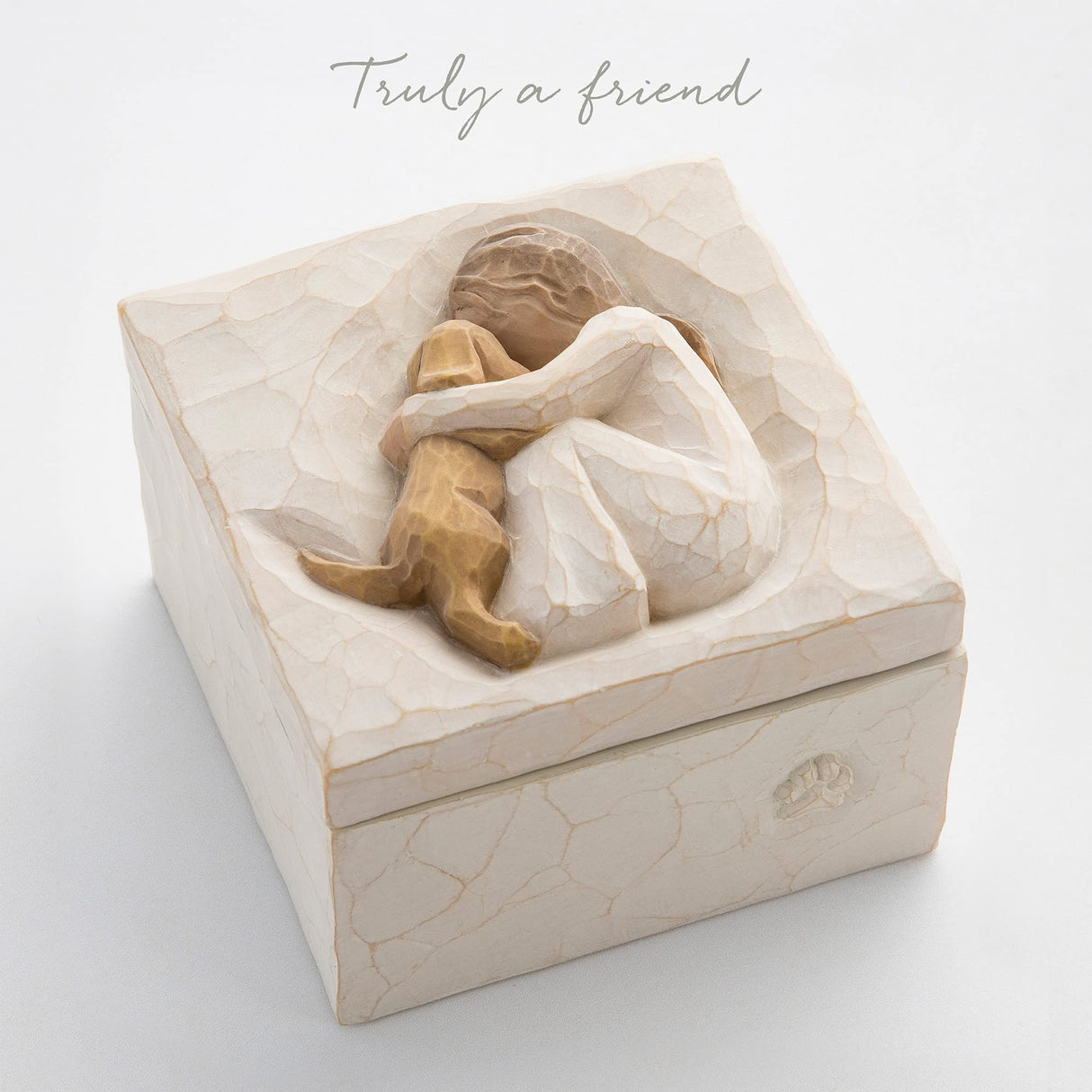 Willow Tree True, Truly a Friend, Box for Jewelry and Treasures with Bas-Relief Carving of Girl with Puppy Dog, Sculpted Hand-Painted Keepsake Box Willow Tree