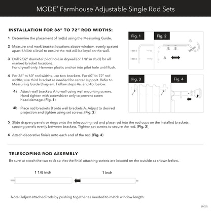 MODE Farmhouse Collection 1 1/8" Diameter Curtain Rod Set with Cottage Square Curtain Rod Finials and Steel Wall Mounted Adjustable Curtain Rod, Fits 36” to 72” Windows, Weathered Oak