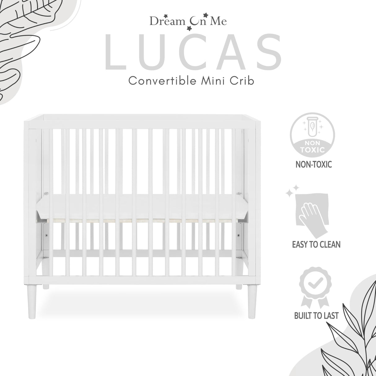 Dream On Me Lucas Mini Modern Crib with Rounded Spindles in White , 39x25.5x33 Inch (Pack of 1) Dream On Me