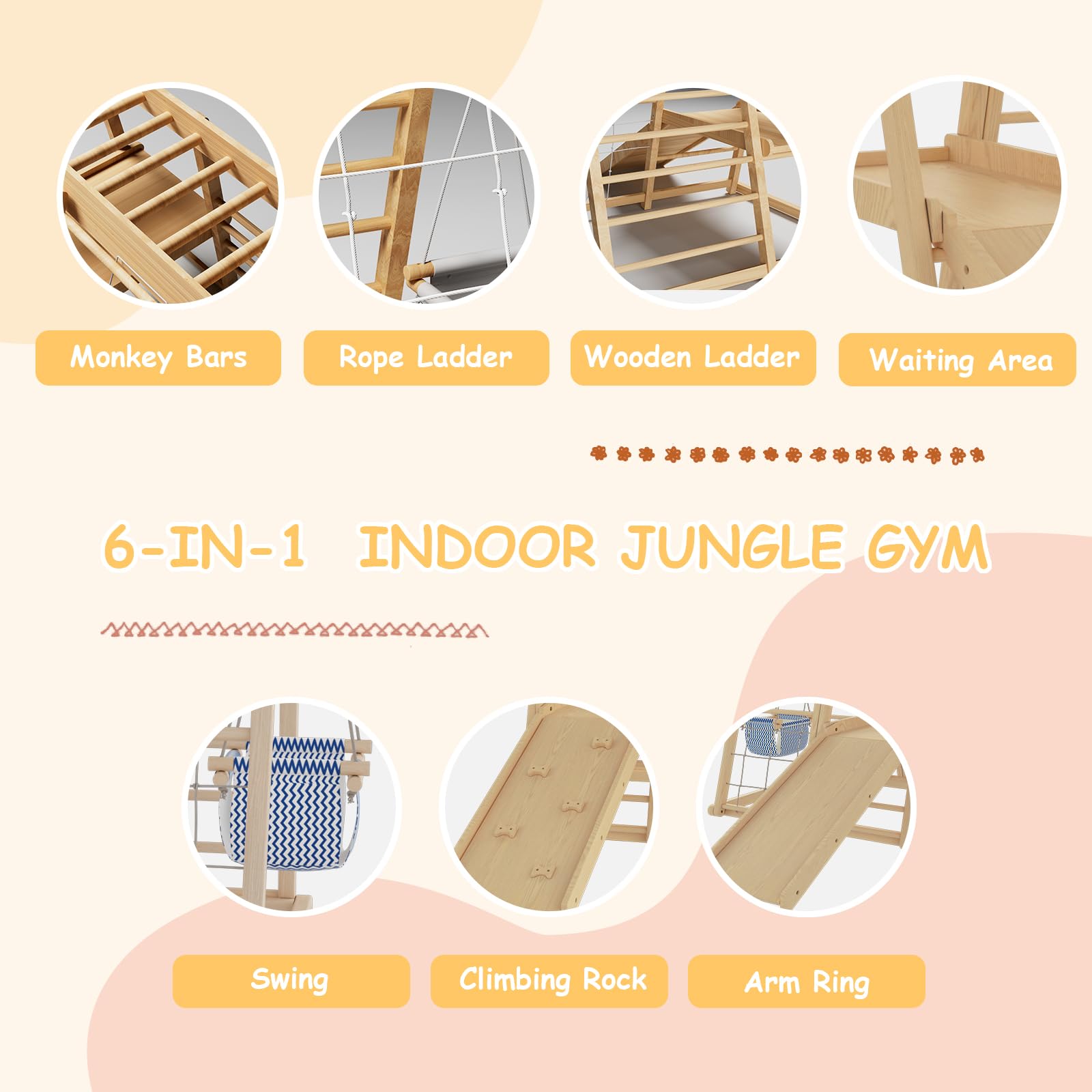 Jungle Gym, Indoor Playground 7-in-1 Toddler Climbing Toys Indoor with Monkey Bars, Rope & Wooden Ladder, Waiting Area, Swing, Climbing Rock, Arm Ring, Toddler Swing for 3-8 Years - WoodArtSupply