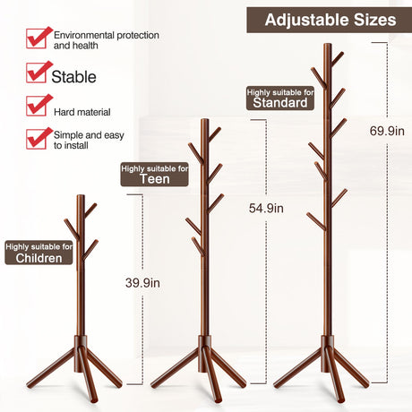 WANGMUXIA Coat Rack, Freestanding Coat Rack with 8 Hooks and 3 Adjustable Size Tree Coat Racks for Bedroom, Hallway, Entrance, Office, for Hats, Coats, Scarves, Handbags WANGMUXIA