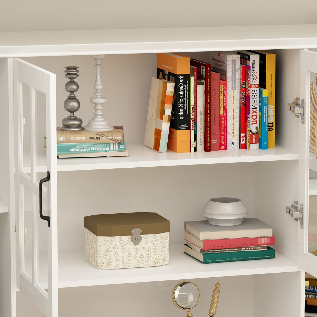 Homsee Elegant Tall Bookcase with Glass Doors, 15 Compartments & Storage Drawers in White Homsee