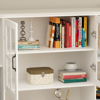 Homsee Elegant Tall Bookcase with Glass Doors, 15 Compartments & Storage Drawers in White - WoodArtSupply