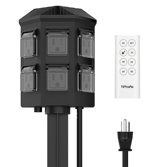 TiFFCOFiO Outdoor Power Stake Timer, 100FT Remote Control, Dusk to Dawn Christmas Light Timer, 6FT Extension Cord Waterproof, 6 Grounded Outlets for Outdoor Christmas Decorations, ETL Listed