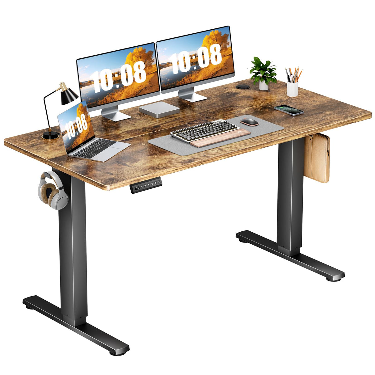 Sweetcrispy Electric Standing Desk Adjustable Height, 55x24 Inch Sit Stand Up Home Office Desks Computer Workstation PC Work Table with 3 Memory Preset Splice Wood Board Metal Frame, Rustic Sweetcrispy