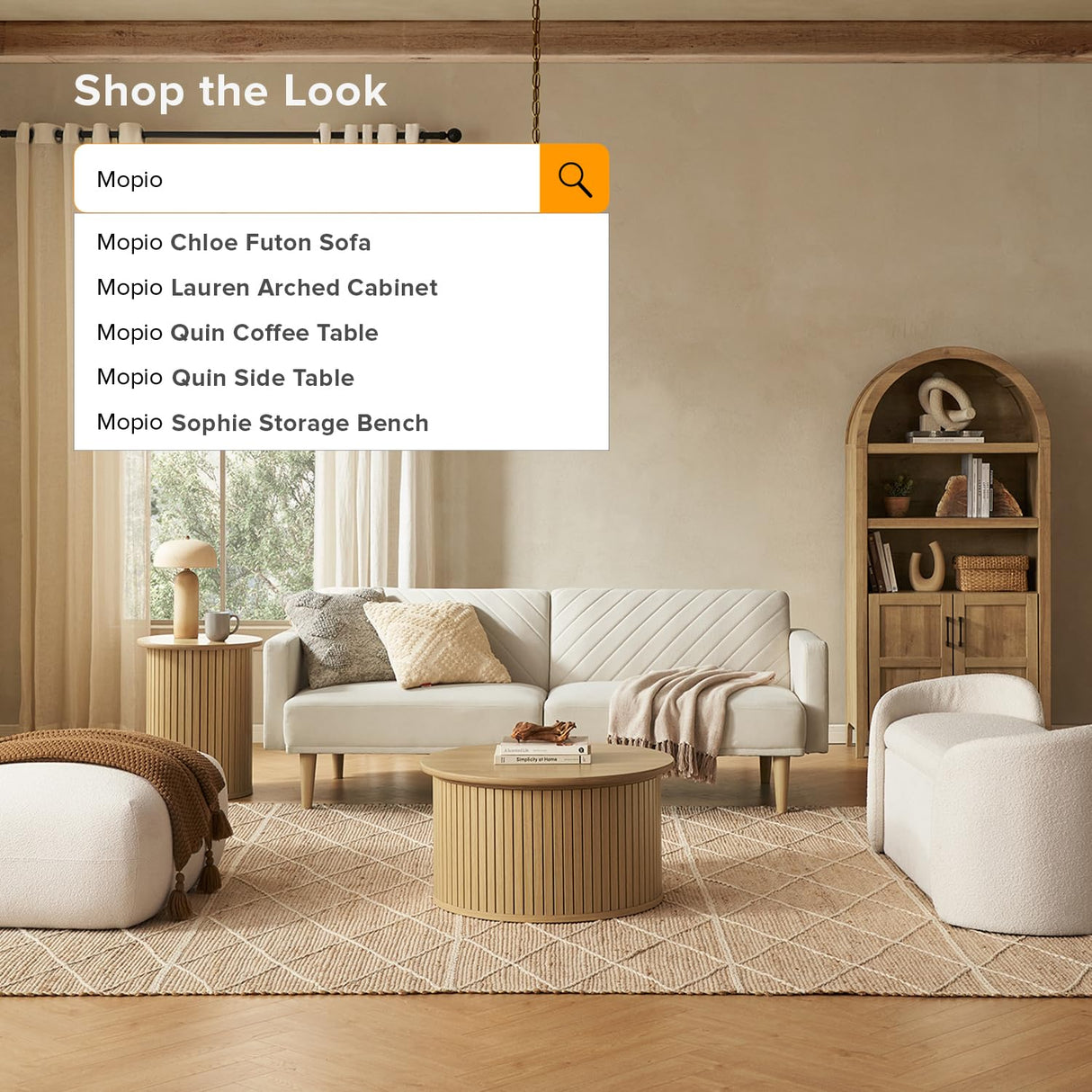 mopio Quin Tambour Round Circle Coffee Table with Storage, Drum Accent, Mid Century Modern, Wood, Fluted Center, Tea Table with Removable Lid, Living Room (Light Oak) mopio