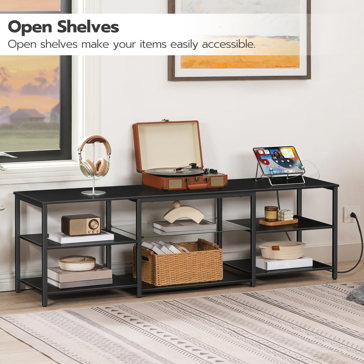 HOOBRO LED TV Stand for 75 Inch TVs with Charging Station, Gaming Entertainment Center with 3-Tier Open Storage, Long 63” Media TV Console Table, TV Stand for Living Room, Bedroom, Black BB21UDDS01 HOOBRO