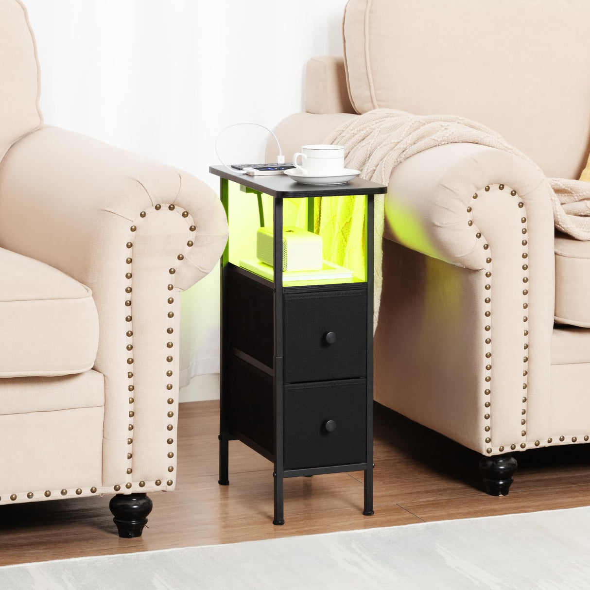 LOAKEKEL Narrow End Tables Living Room Set of 2 with Charging Station, Skinny Side Table with Fabric Drawers, Slim LED Nightstand for Bedroom, Small Spaces, Couch, Black, HETNDP02LBK LOAKEKEL