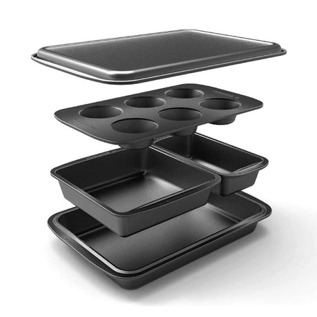 Baker's Secret Bakeware Sets Stackable Baking Set of 5 Bakeware Pans, Bakeware Set, Baking Pan Set, Muffin Pan, Roaster Pan, Square Pan, Cookie Sheet, Loaf Pan, Dishwasher Safe, PFOA PFOS PTFE Free Baker's Secret