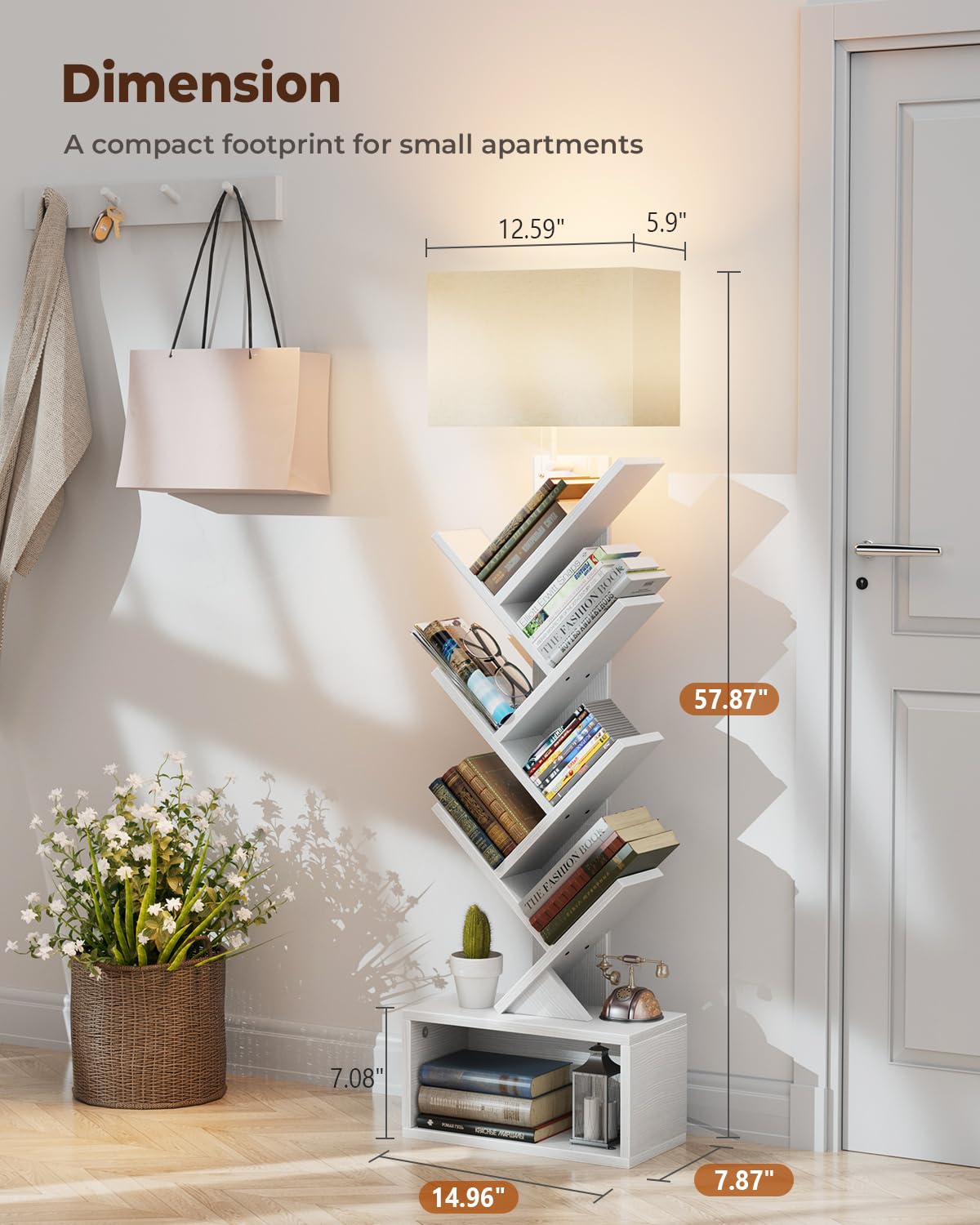 Evermagin 6 Tier Tree Bookshelf with Light, Narrow Bookcase Tower, Tall Floor Standing Book Shelf Organizer with Storage Cabinet for Living Room, Bedroom and Home Office, White Evermagin