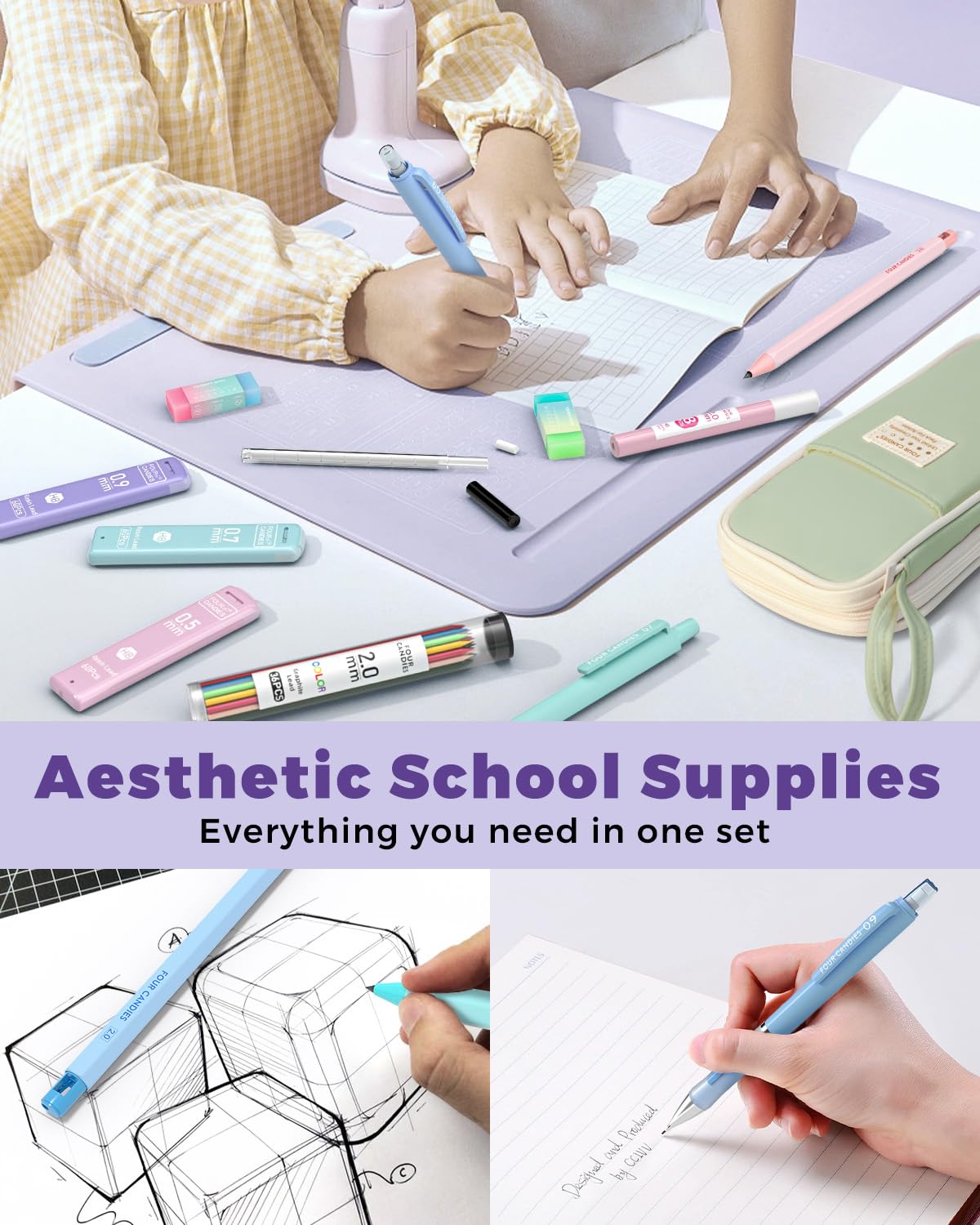 Four Candies 36PCS Aesthetic School Supplies, Mechanical Pencil Set 0.5mm, 0.7mm, 0.9mm & 2.0mm with 624 Lead Refills, Back to School Supplies for Writing & Drawing, Ideal Stationary Set Gift (Green) Four Candies