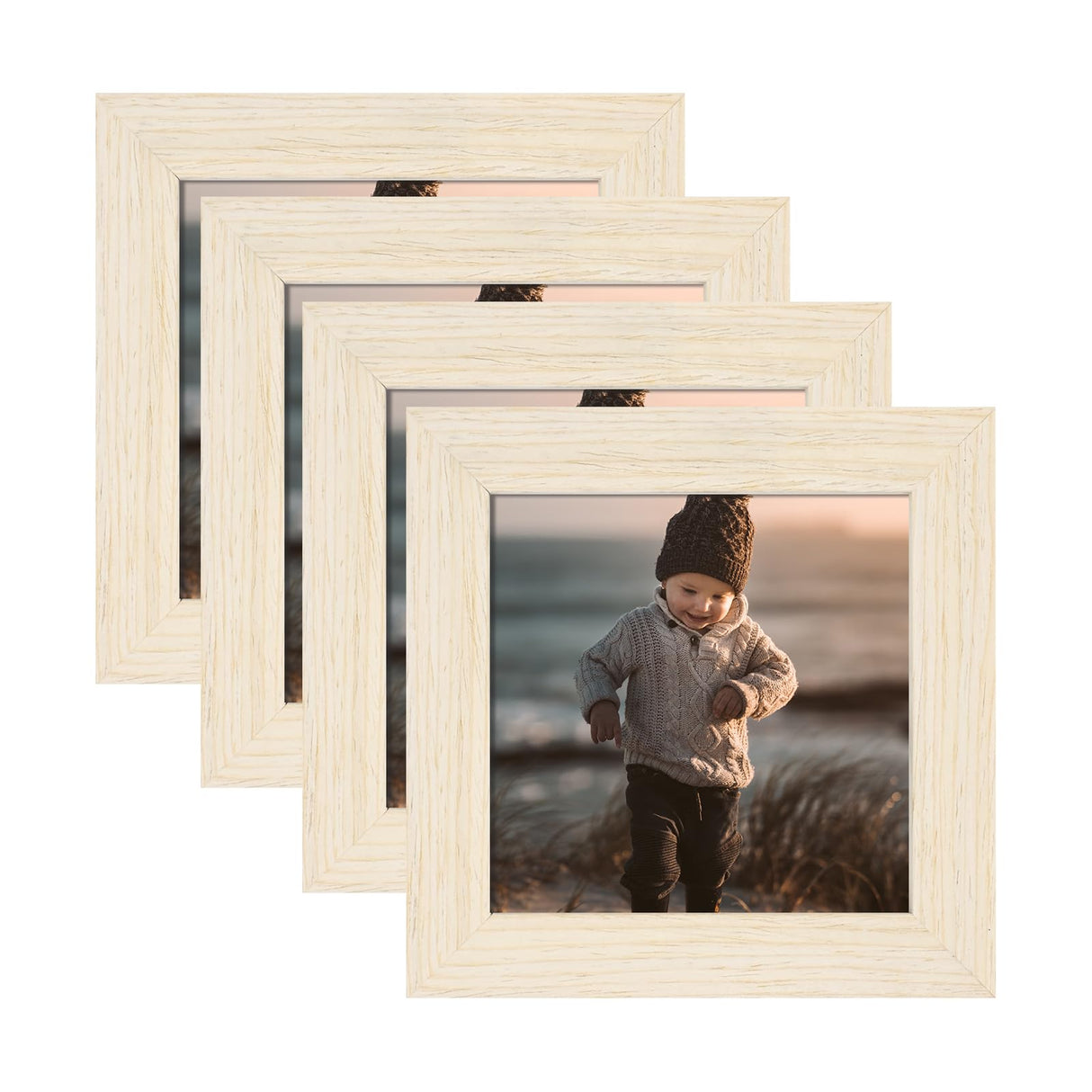 KINLINK 4x4 Picture Frames Natural Wood Frames with Acrylic Plexiglass, Tabletop and Wall Mounting Display Square Frame, Set of 4 KINLINK