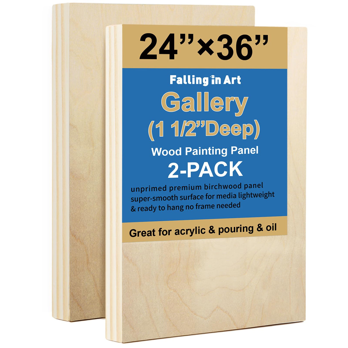 Falling in Art 2 Pack Unfinished Wooden Canvas Panels, 24x36 Gallery Birch Wood Panels Kit, 1 1/2" Deep Art Cradle Boards for Acrylic Painting, Pouring and Burning Falling in Art
