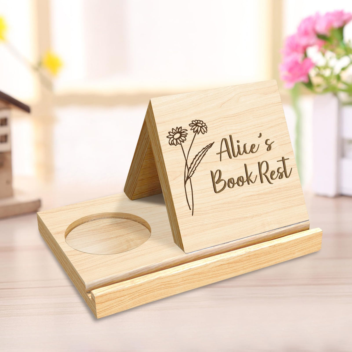 Attention Personalized Wooden Triangle Bookmark with Drink Holder Custom Name&Birthday Flower Book Stand Page Mark Holder Night Stand Book Rest with Cup Stand Book Lovers Birthday Gifts(Style 2) Attention