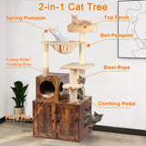Timberer Cat Tree with Litter Box Enclosure, 2-in-1 Cat Tower for Indoor Cats, Large Cat Furniture, Wood Cat Condo with Basket, Scratching Posts, Pompoms, Rustic Brown Timberer