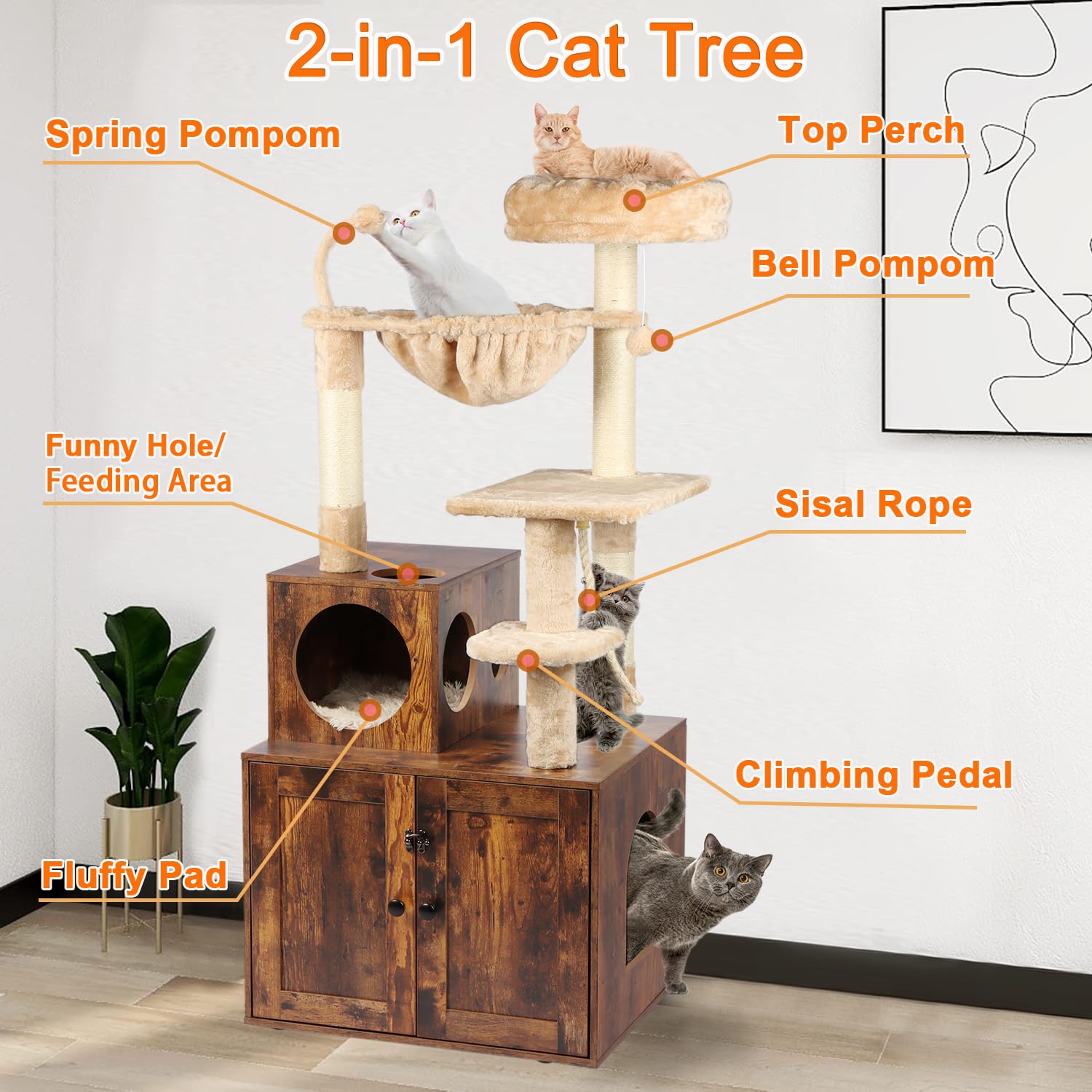 Timberer Cat Tree with Litter Box Enclosure, 2-in-1 Cat Tower for Indoor Cats, Large Cat Furniture, Wood Cat Condo with Basket, Scratching Posts, Pompoms, Rustic Brown - WoodArtSupply