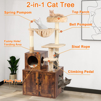 Timberer Cat Tree with Litter Box Enclosure, 2-in-1 Cat Tower for Indoor Cats, Large Cat Furniture, Wood Cat Condo with Basket, Scratching Posts, Pompoms, Rustic Brown - WoodArtSupply