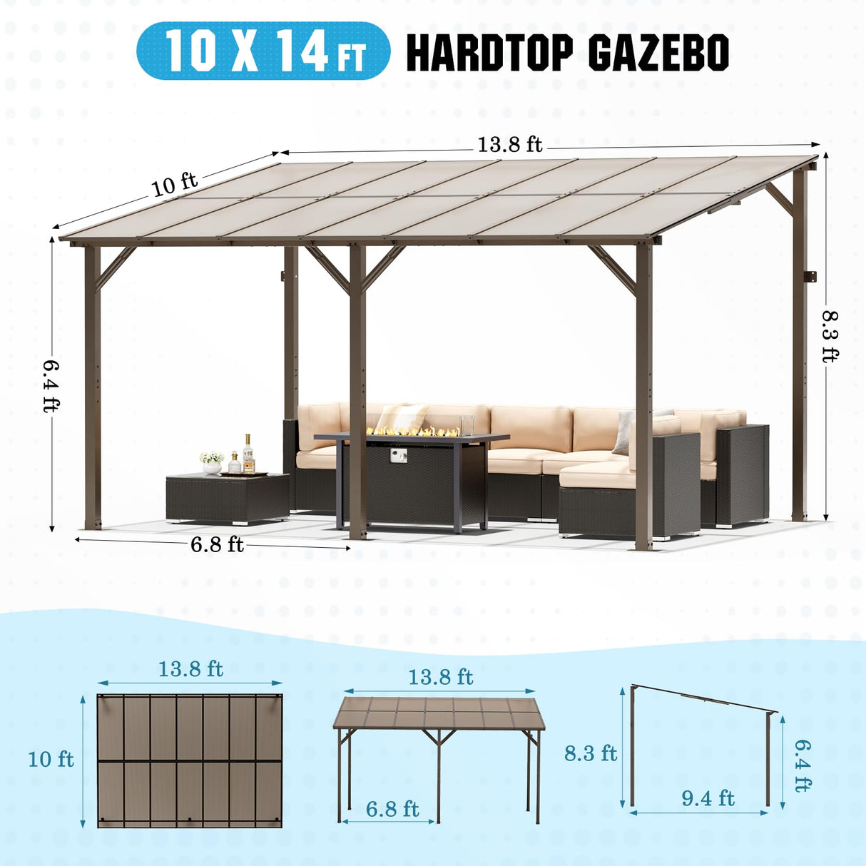 Brightpeak 10’ x 14’ Gazebo, Outdoor Large Wall Mounted Gazebo Pergola with Sloped Roof, Patio Heavy Duty Lean to Awnings for Backyard, Deck, Porch Brightpeak