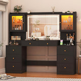 62" Large Black Vanitys Desk w/ Tempered Glass Top,60000-color LED Lights,Power Outlet, Make up Vanity w/ 3 Lights Mode LED Mirror,9 Drawers,2 RGB Cabinet LED Vanity Table for Women,Girls chartustriable