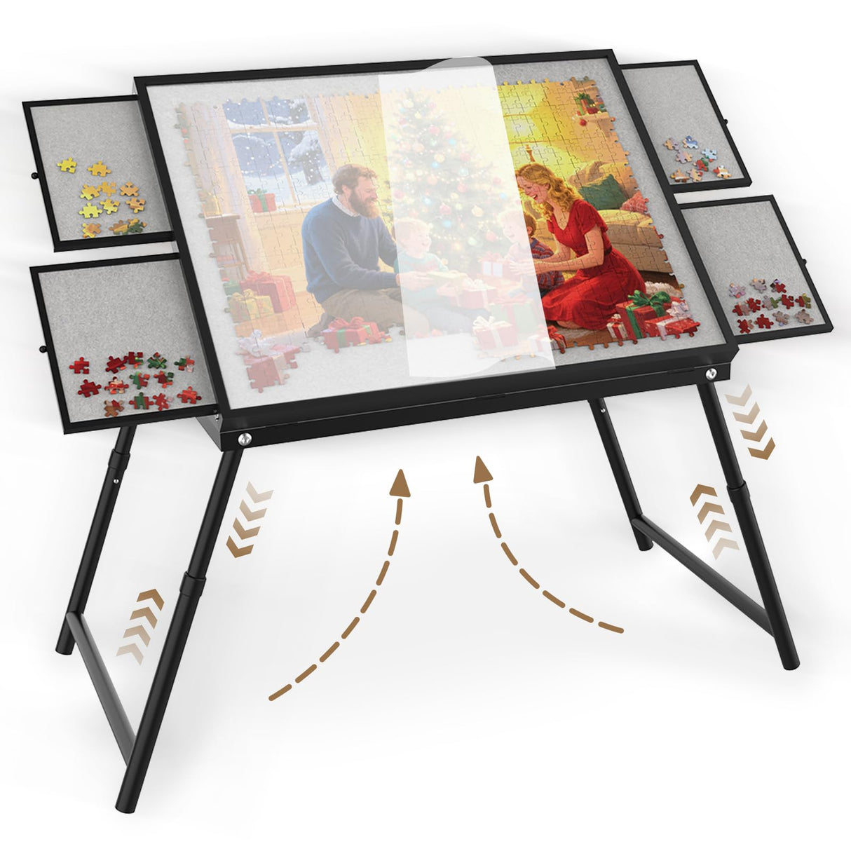 Puzzle Table 1500 Pieces, 3-in-1 Foldable Jigsaw Puzzle Table with Cover – 18” & 28” Height, 5 Angle Tilt, Metal Frame, Portable Puzzle Tables Drawers and Legs for All Ages RAGOZONERY