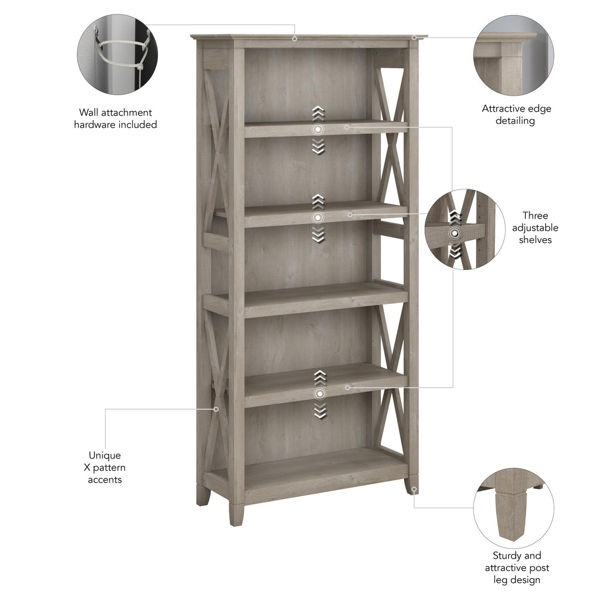 Bush Business Furniture Key West 5-Shelf Bookcase with X Pattern Accents in Washed Gray Bush Business Furniture