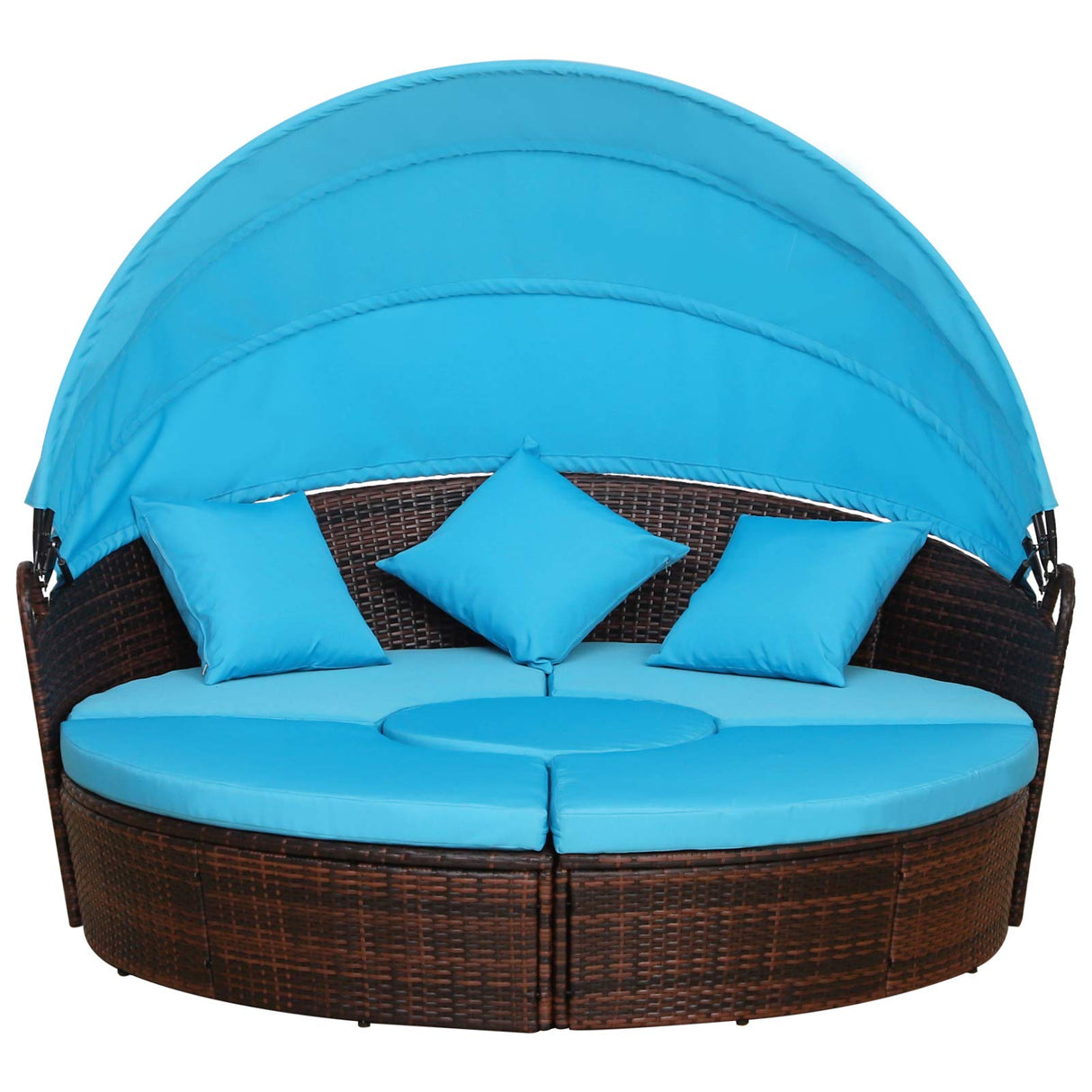 Outsunny 4-Piece Round Convertible Daybed with Cushions, Outdoor PE Rattan Patio Wicker Sofa Set, Sunbed with Adjustable Sun Canopy, Sectional Sofa, 2 Chairs, Table, 3 Pillows, Light Blue Outsunny