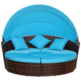 Outsunny 4-Piece Round Convertible Daybed with Cushions, Outdoor PE Rattan Patio Wicker Sofa Set, Sunbed with Adjustable Sun Canopy, Sectional Sofa, 2 Chairs, Table, 3 Pillows, Light Blue Outsunny