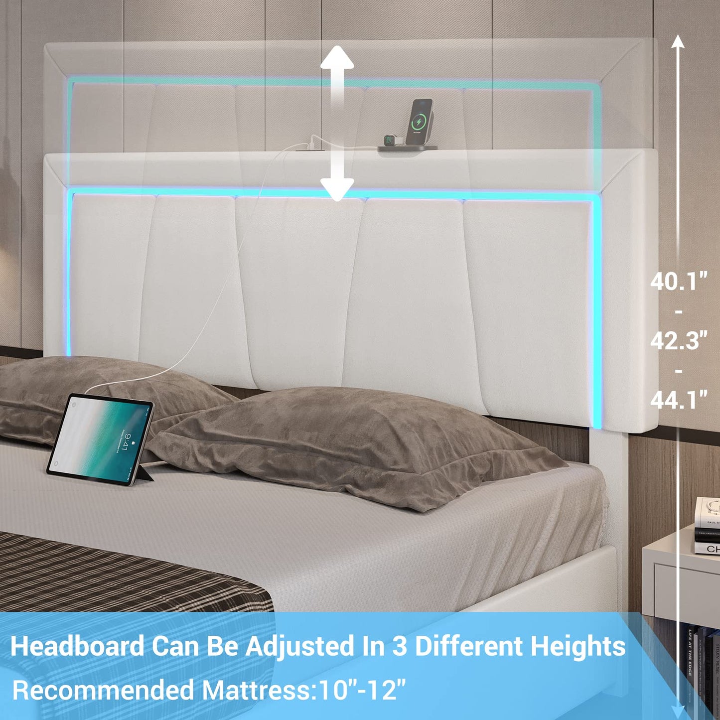 Modern DICTAC Full LED Upholstered Bed Frame with 4 Storage Drawers & USB Ports in White - WoodArtSupply