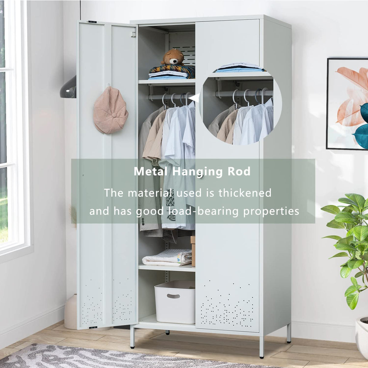 BESFUR Bedroom Armoires, White Metal Armoire with Hanging Rod, Adjustable Shelves, 20" D x 31.5" W x 74" H - White BESFUR