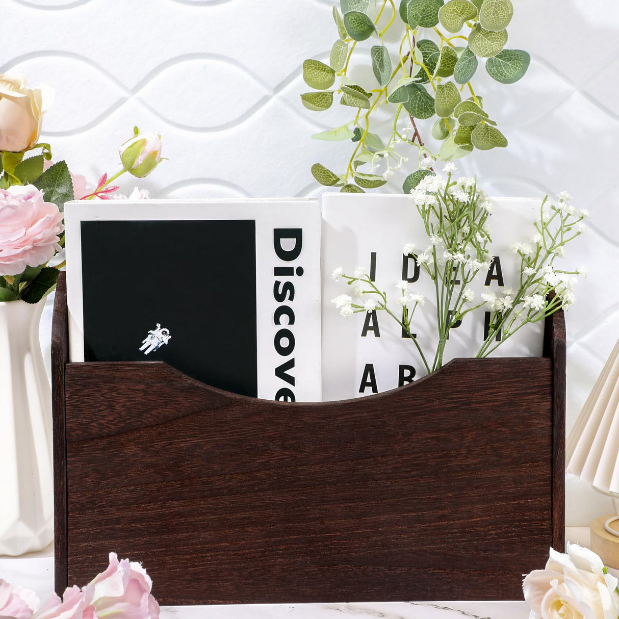 Suzile Wall Mounted File Holder Wood Magazine Holder Wall Hanging File Organizer for Office Mail Magazine Letter Paper Folder Organization(Brown) Suzile