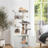 Timberer Cat Tree with Litter Box Enclosure, 2-in-1 Cat Tower for Indoor Cats, Large Cat Furniture, Wood Cat Condo with Basket, Scratching Posts, Pompoms, White Timberer